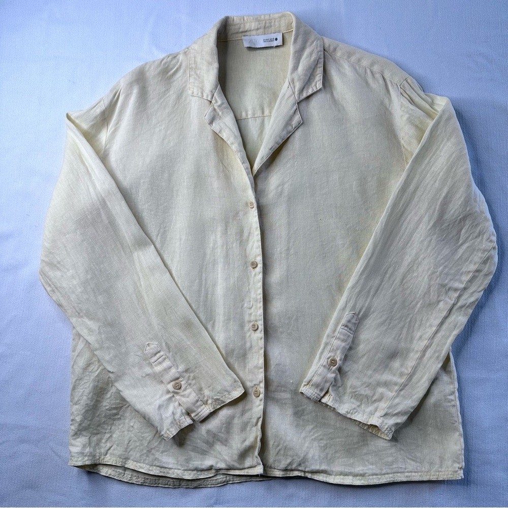 Zara 100%‎ Linen Women's Small Button-Front Shirt Light Yellow
